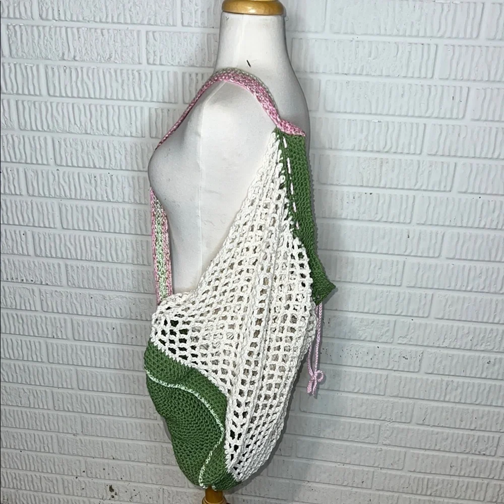 Handmade Green and White Crochet Tote Bag